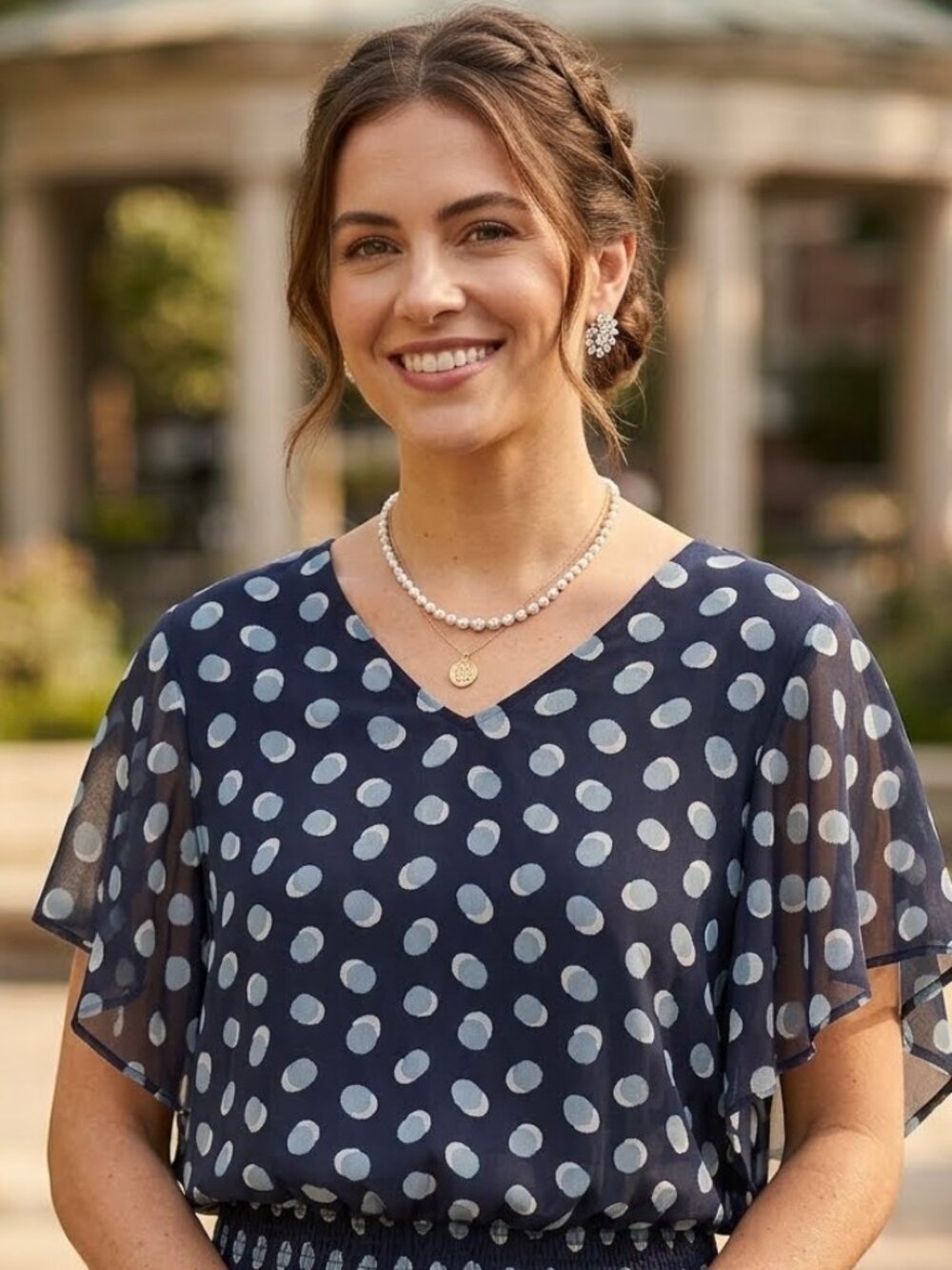 Ann Taylor Factory Size Medium Blue Polka Dot Flutter Sleeve Blouse